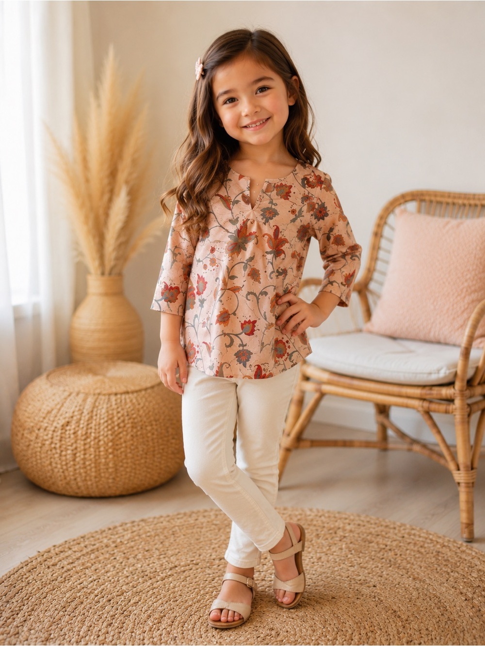 Tea Collection Girls Cotton Tunic Shirt Sz 5 Floral V Neck Long Sleeve Soft Pink